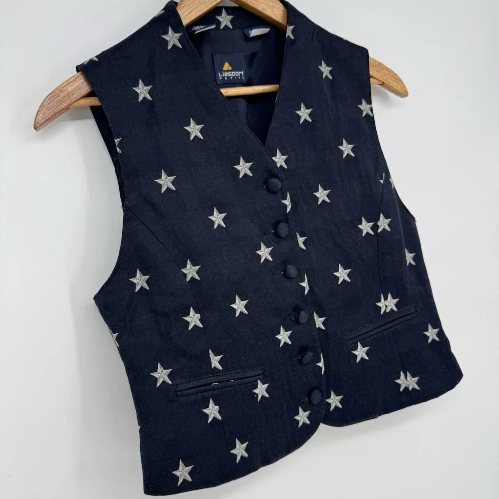 90s Liz Sport Blue Embroidered Vest‎ Women's Petite 2 Preppy Patriotic Button Up